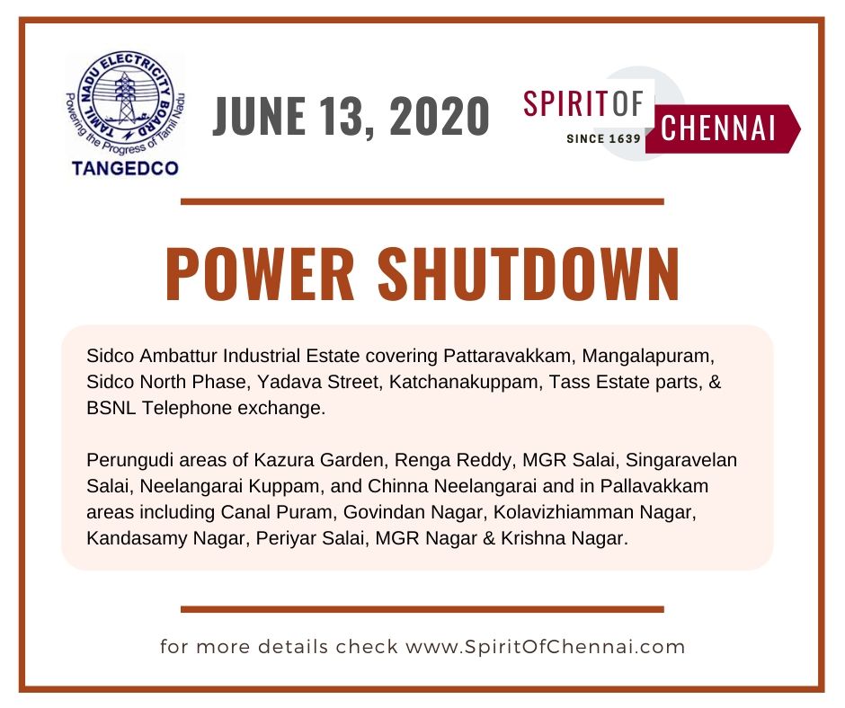 Chennai Power shutdown on June 13, 2020